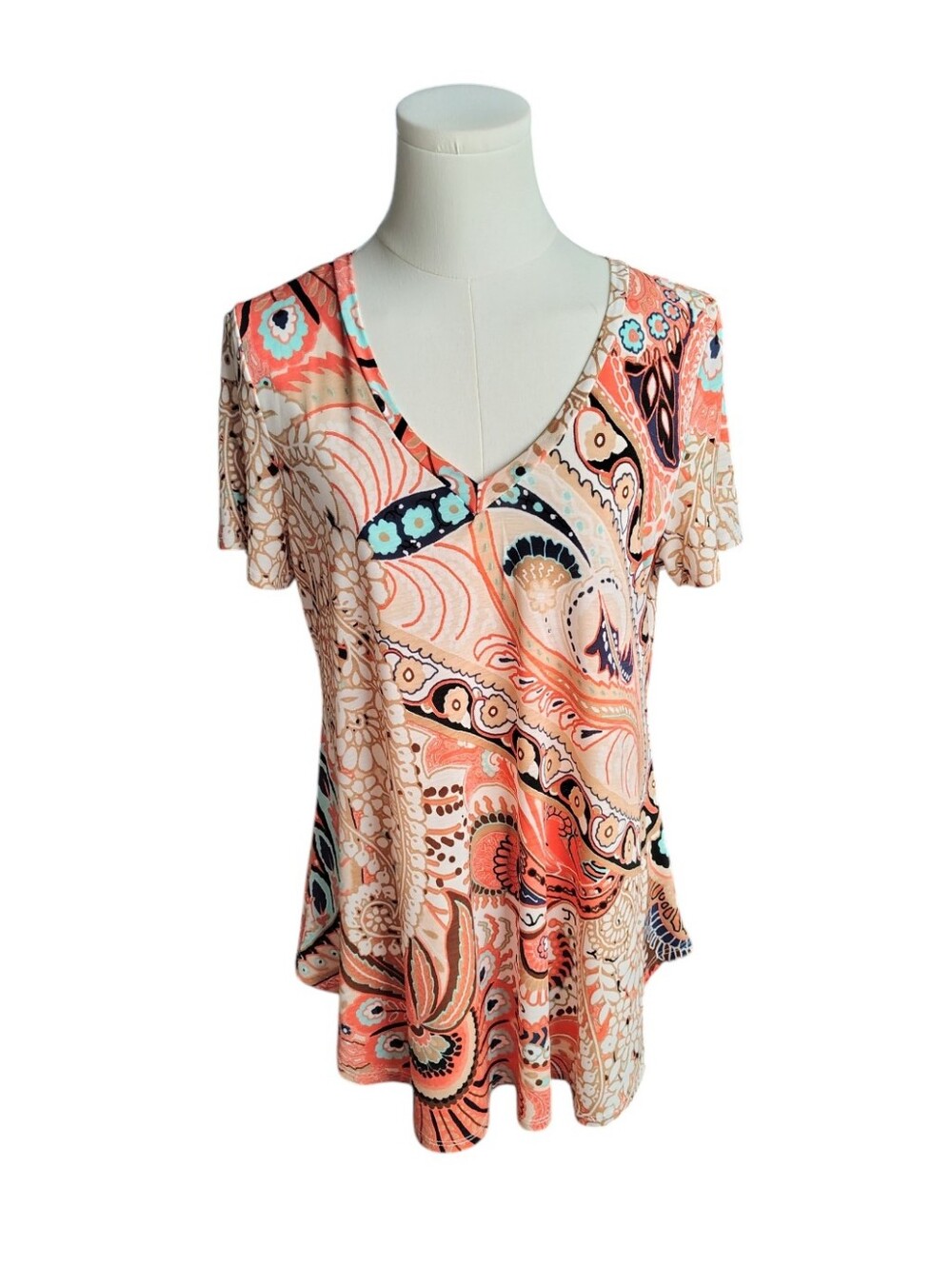 Pink Coconut Orange Aqua Blue Paisley Colorful Stretchy Blouse Size Small